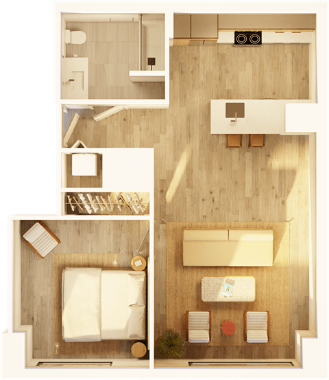 Floor plan for 1 bed, 1 bath